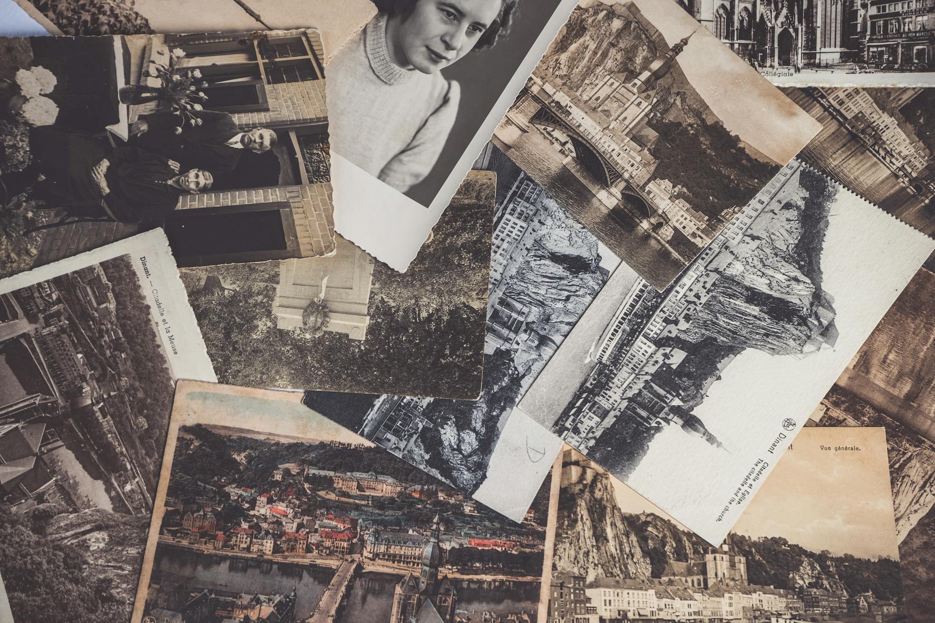 A collection of vintage black-and-white photographs and postcards with historical significance.